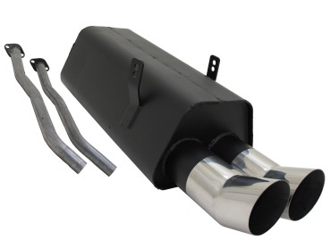 Aftermarket auto-uitlaatsysteem met zwarte demper en dubbele uitlaatpijpen voor betere prestaties.