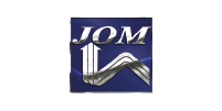 Professioneel JOM-logo in modern blauw met een dynamische zilveren golflijn.