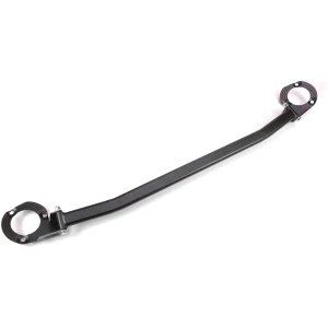 Black strut tower brace for improved vehicle performance and stability while driving.