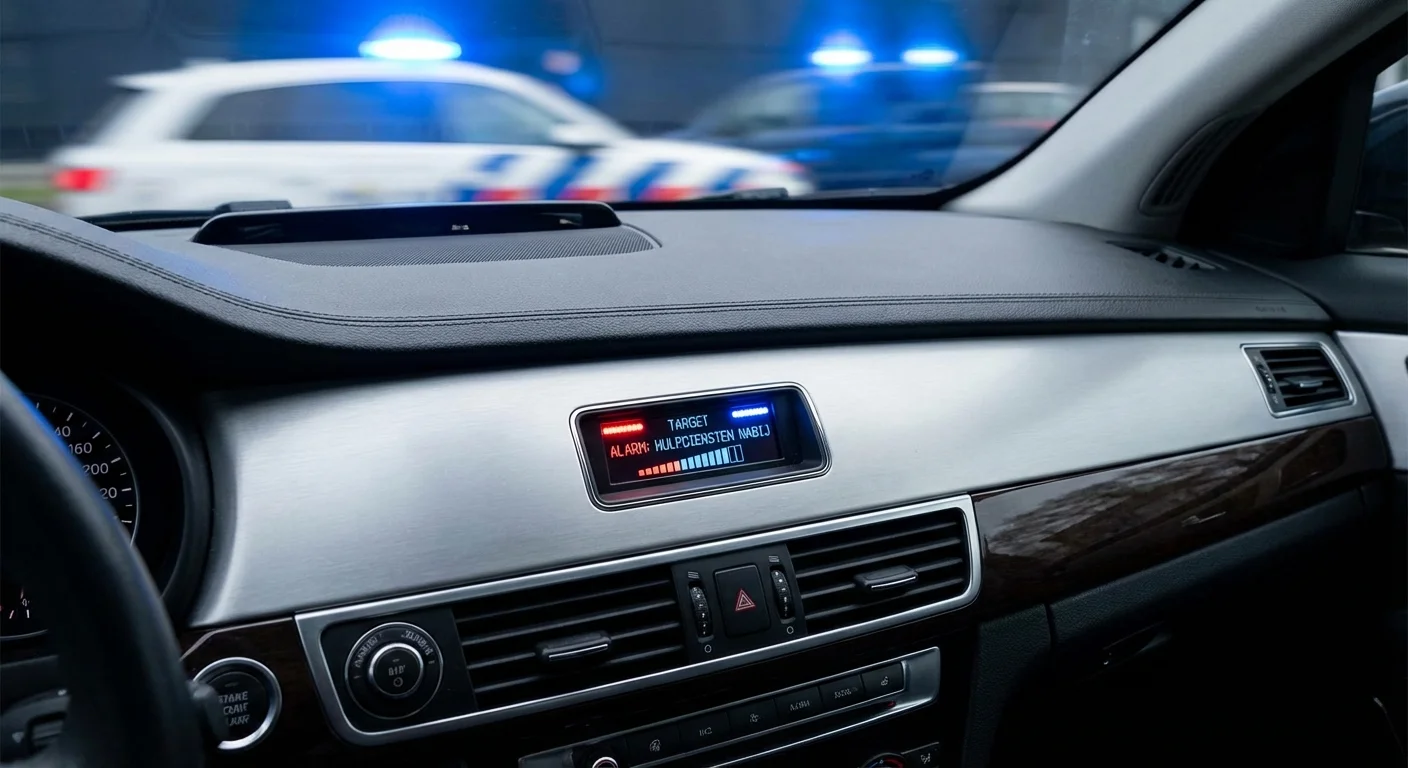 Hulpdiensten Scanner > Target Blu Eye Go > Wisselbare verklikker! 3 A police scanner close-up of the dashboard of a modern car on which the Target Blu Eye Go display is subtly mounted, functioning as a discreet Police Scanner that lights up on approaching emergency services
