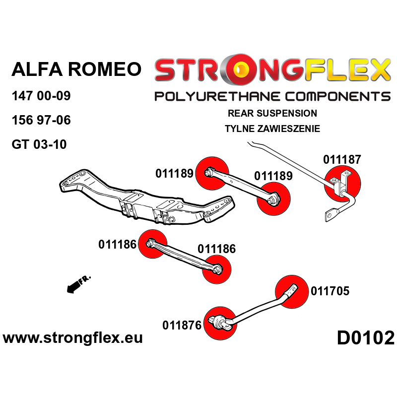 Strongflex Alfa Romeo 147 / 156 / GT Polyurethaan rubberset achteras SPORT – 016076A 2 Strongflex Alfa Romeo 147 / 156 / GT Polyurethaan rubberset achteras SPORT – 016076A – Image 2