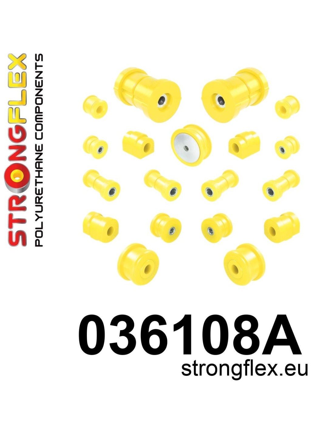 Strongflex BMW E36 Polyurethaan rubberset voor- en achteras SPORT – 036108A 1 Strongflex BMW E36 Polyurethaan rubberset voor- en achteras SPORT – 036108A