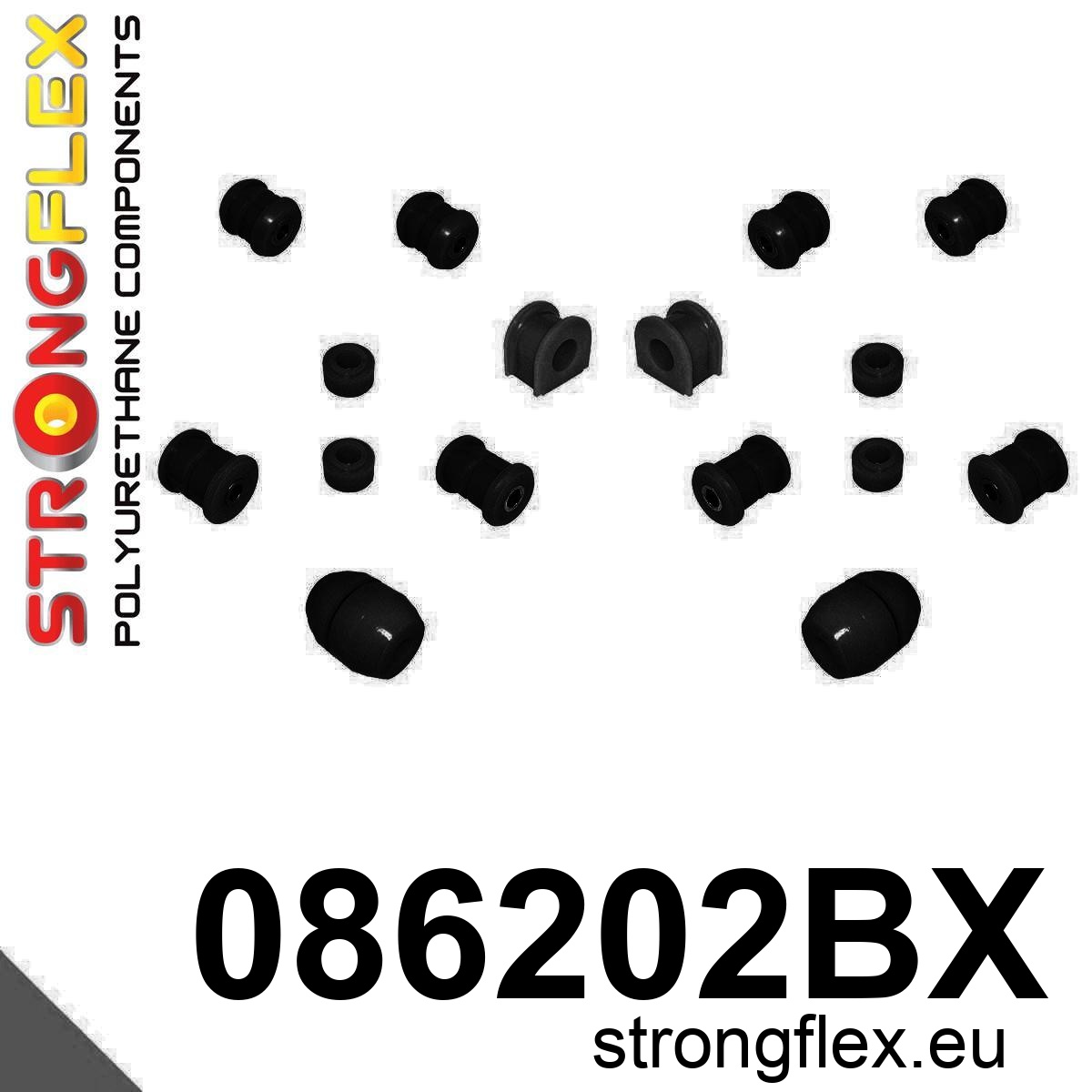 Strongflex Honda Accord / Prelude Polyurethaan rubberset vooras ZWART – 086202BX 3 Strongflex Honda Accord / Prelude Polyurethaan rubberset vooras ZWART – 086202BX