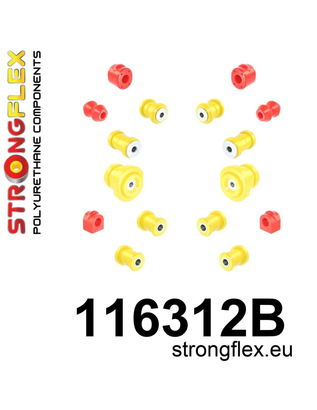 Strongflex Mercedes W123 Polyurethaan rubberset voor- en achteras – 116312B 1 Strongflex Mercedes W123 Polyurethaan rubberset voor- en achteras – 116312B