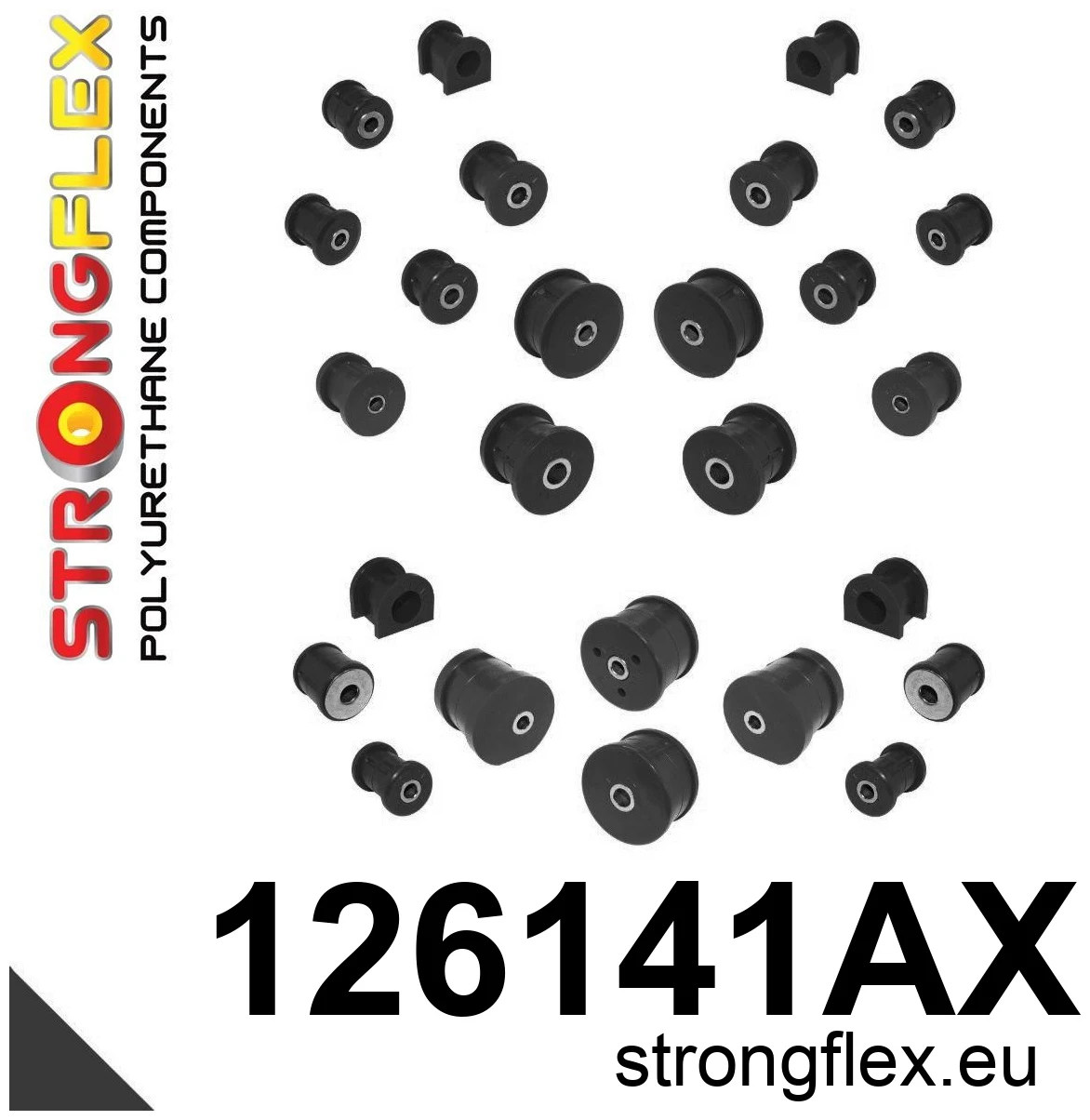 Strongflex Mitsubishi Lancer / Evolution Complete polyurethaan rubberset SPORT ZWART – 126141AX 2 Strongflex Mitsubishi Lancer / Evolution Complete polyurethaan rubberset SPORT ZWART – 126141AX
