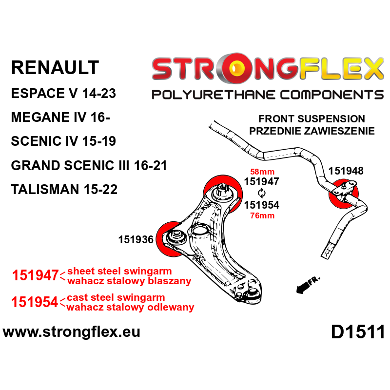 Strongflex Renault Mégane Vooras draagarm achterste rubber 58mm SPORT – 151947A 2 Strongflex Renault Mégane Vooras draagarm achterste rubber 58mm SPORT – 151947A – Bild 2