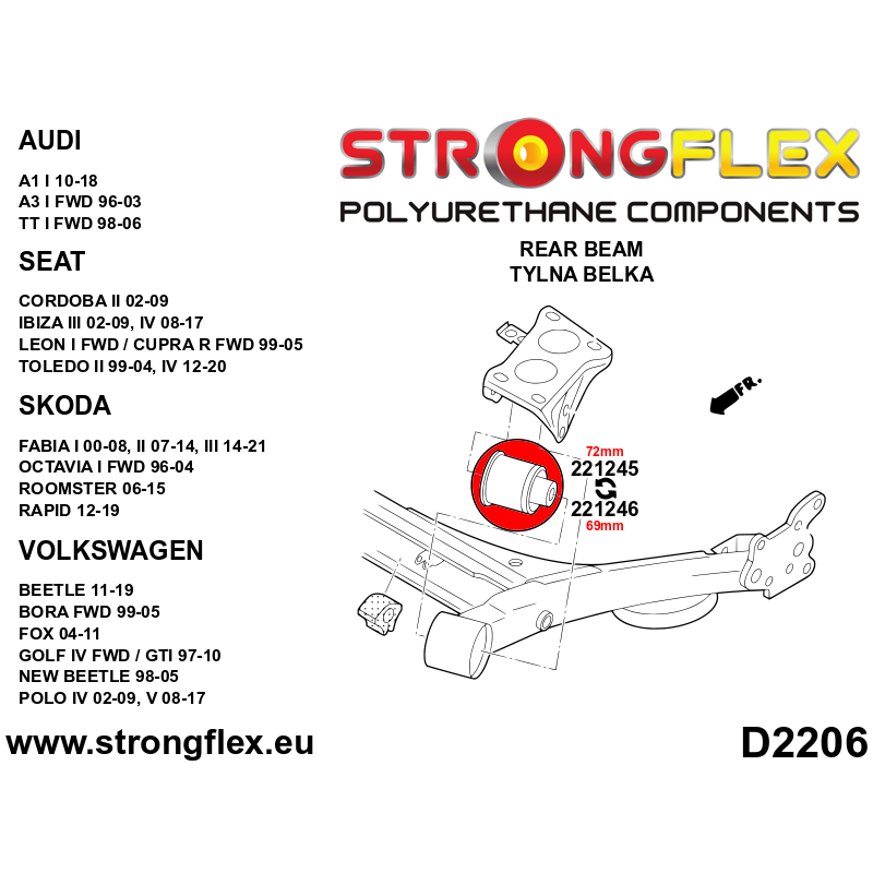 Strongflex Audi / Volkswagen Achterbalkrubber 72mm SPORT – 221245A 2 Strongflex Audi / Volkswagen Achterbalkrubber 72mm SPORT – 221245A - Afbeelding 2