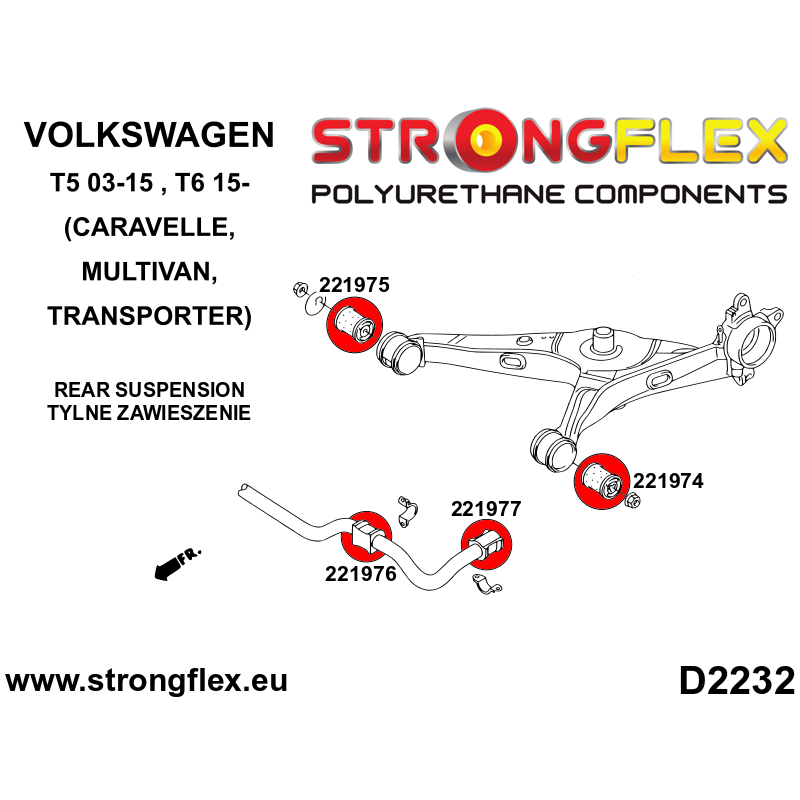 Strongflex Volkswagen Transporter / T5 / T6 Polyurethaan rubberset voor- en achteras SPORT – 226236A 3 Strongflex Volkswagen Transporter / T5 / T6 Polyurethaan rubberset voor- en achteras SPORT – 226236A – Image 3