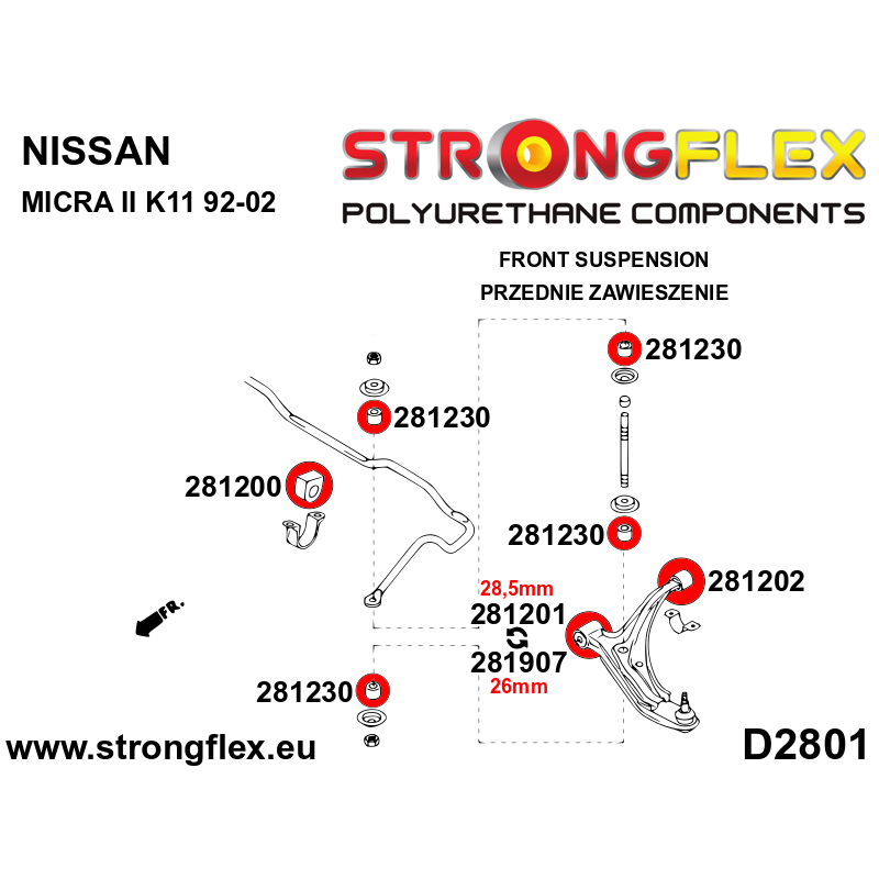 Strongflex Nissan Micra Vooras draagarm voorste rubber 28,5mm – 281201B 2 Strongflex Nissan Micra Vooras draagarm voorste rubber 28,5mm – 281201B - Image 2
