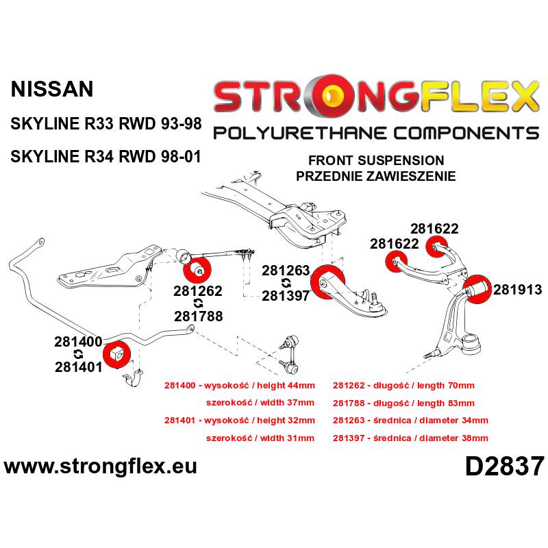 Strongflex Nissan Laurel / Skyline / Stagea Silentbloc de triangle de suspension supérieur d'essieu avant SPORT NOIR – 281622AX 2 Strongflex Nissan Laurel / Skyline / Stagea Silentbloc de triangle de suspension supérieur d’essieu avant SPORT – 281622A