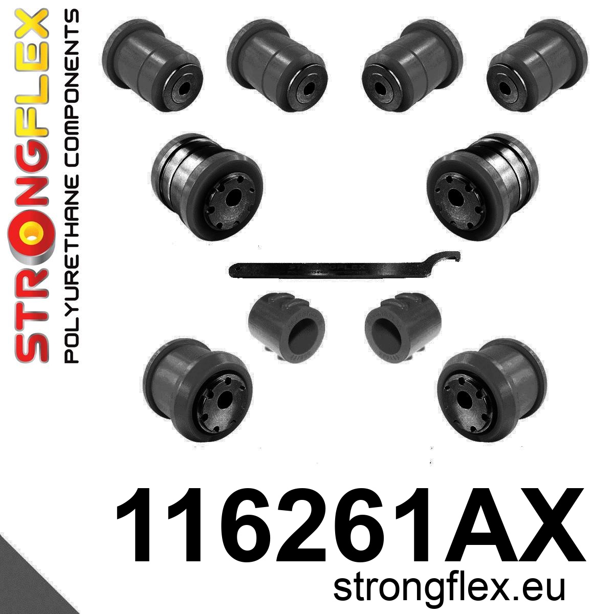 Strongflex Mercedes Voorste ophangrubberset SPORT – 116261AX ZWART 1 Strongflex Mercedes Voorste ophangrubberset SPORT – 116261AX ZWART