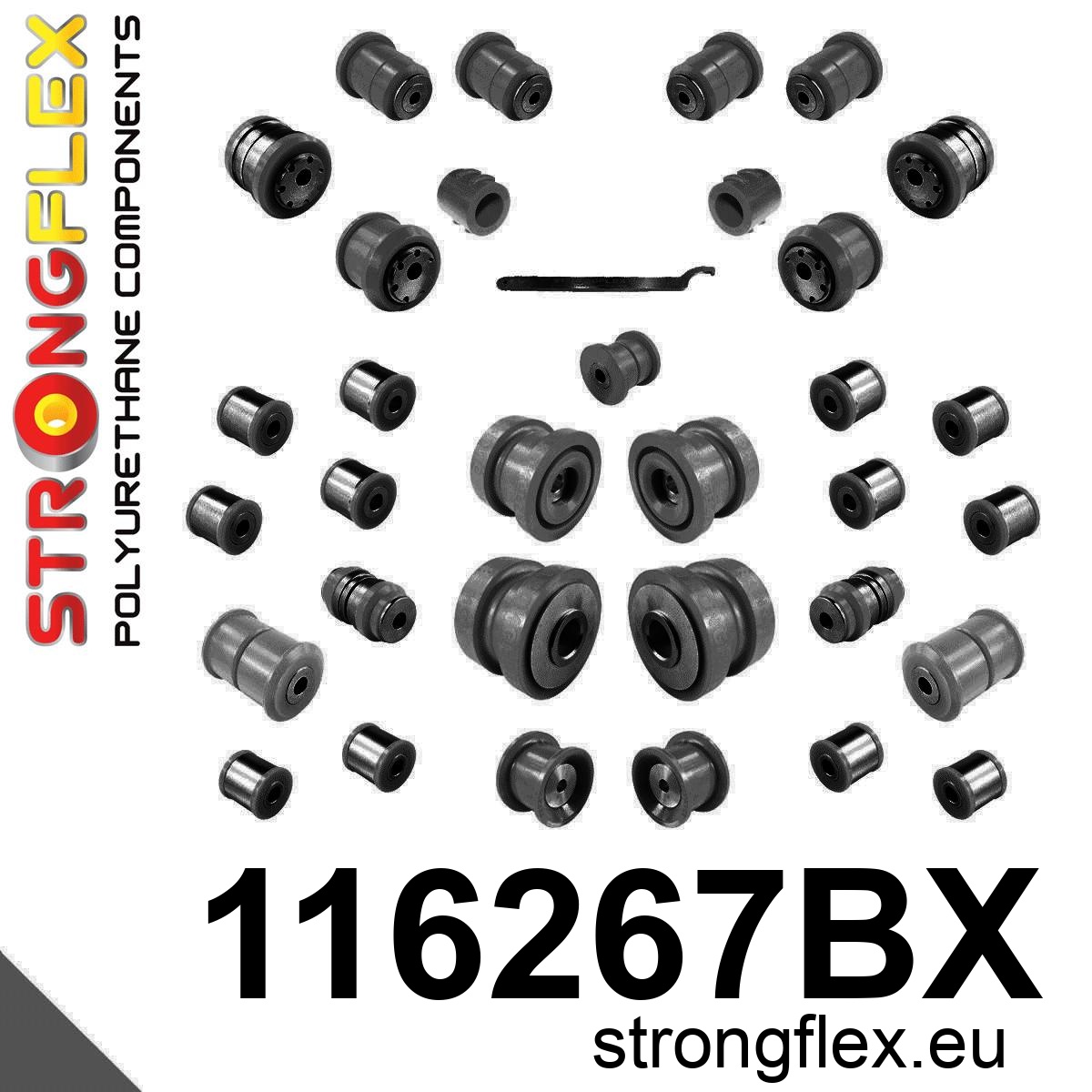 Strongflex Mercedes Complete polyurethaan ophangrubberset – 116267BX ZWART 1 Strongflex Mercedes Complete polyurethaan ophangrubberset – 116267BX ZWART
