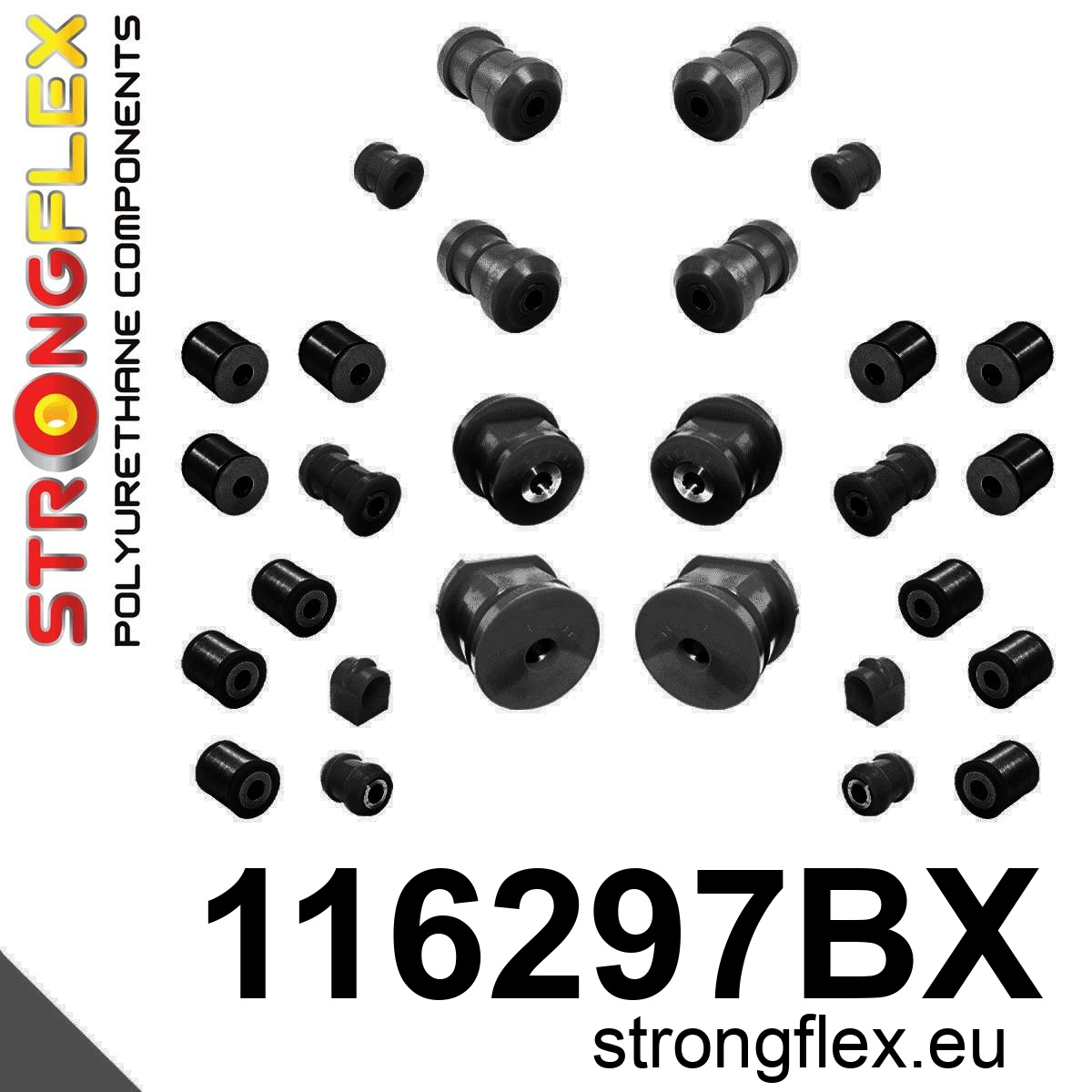 Strongflex Mercedes Complete polyurethaan ophangrubberset – 116297BX ZWART 1 Strongflex Mercedes Complete polyurethaan ophangrubberset – 116297BX ZWART
