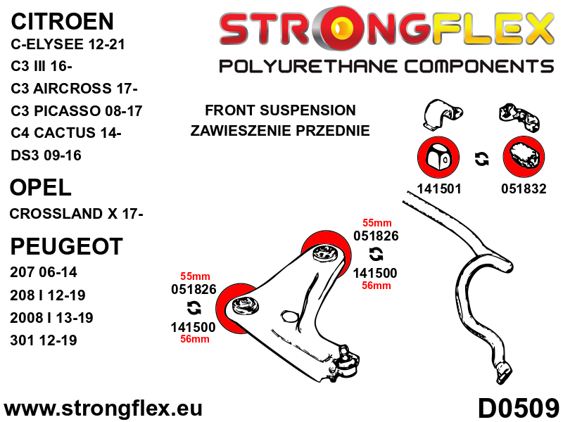 Strongflex Peugeot Voorste draagarmrubber 56mm – 141500B 3 Strongflex Peugeot Voorste draagarmrubber 56mm – 141500B - Image 3