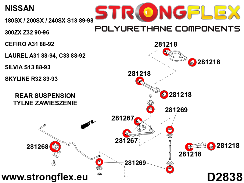 Strongflex Nissan Cefiro / Laurel / Silvia Complete polyurethaan rubberset voor voor- en achteras – 286084B 8 Strongflex Nissan Cefiro / Laurel / Silvia Complete polyurethaan rubberset voor voor- en achteras – 286084B – Image 8