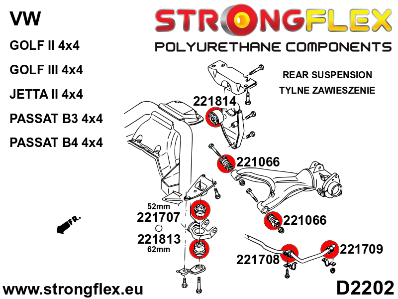 Strongflex Volkswagen Golf / Jetta Rubber achteras-subframe ophanging, ton-lager 52mm – 221707B 3 Strongflex Volkswagen Golf / Jetta Rubber achteras-subframe ophanging, ton-lager 52mm – 221707B – Image 3