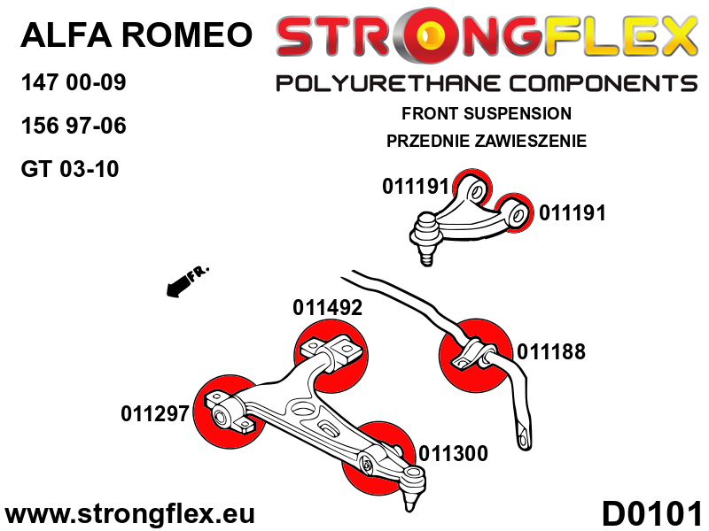 Strongflex Alfa Romeo 147 / 156 / GT Polyurethaan rubberset vooras – 016075B 4 Strongflex Alfa Romeo 147 / 156 / GT Polyurethaan rubberset vooras – 016075B - Afbeelding 4