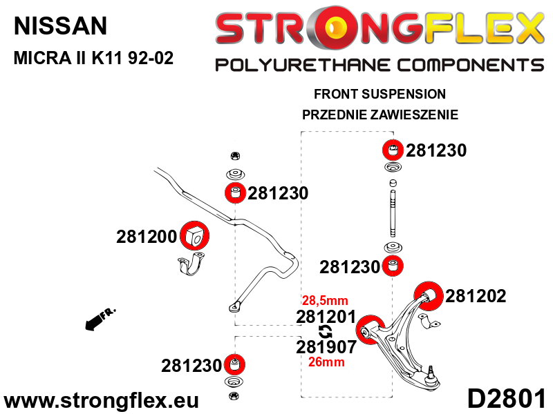 Strongflex Nissan Micra Vooras draagarm voorste rubber 28,5mm – 281201B 3 Strongflex Nissan Micra Vooras draagarm voorste rubber 28,5mm – 281201B - Image 3
