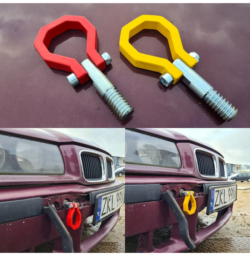 Tow Eye BMW E30 E36 E46 Z3 Z4 Yellow, 10 mm Steel 3 Gemonteerd geel sleepoog in de originele draad van een BMW