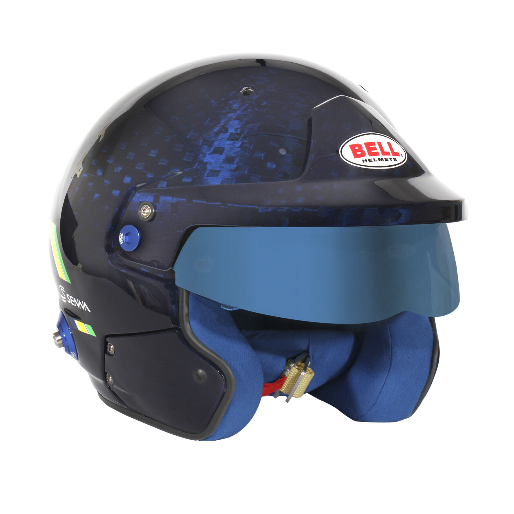 Bell MAG-10 Carbon Ayrton Senna open face helmet 5 Schuin aanzicht van de hoogglans blauwe carbon schaal