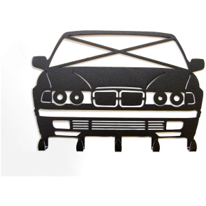 BMW E32 sleutelhanger voor aan de muur, zwart silhouet van de 7-serie sedan met haakjes