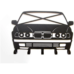 BMW E32 sleutelhanger voor aan de muur, zwart silhouet van de 7-serie sedan met haakjes