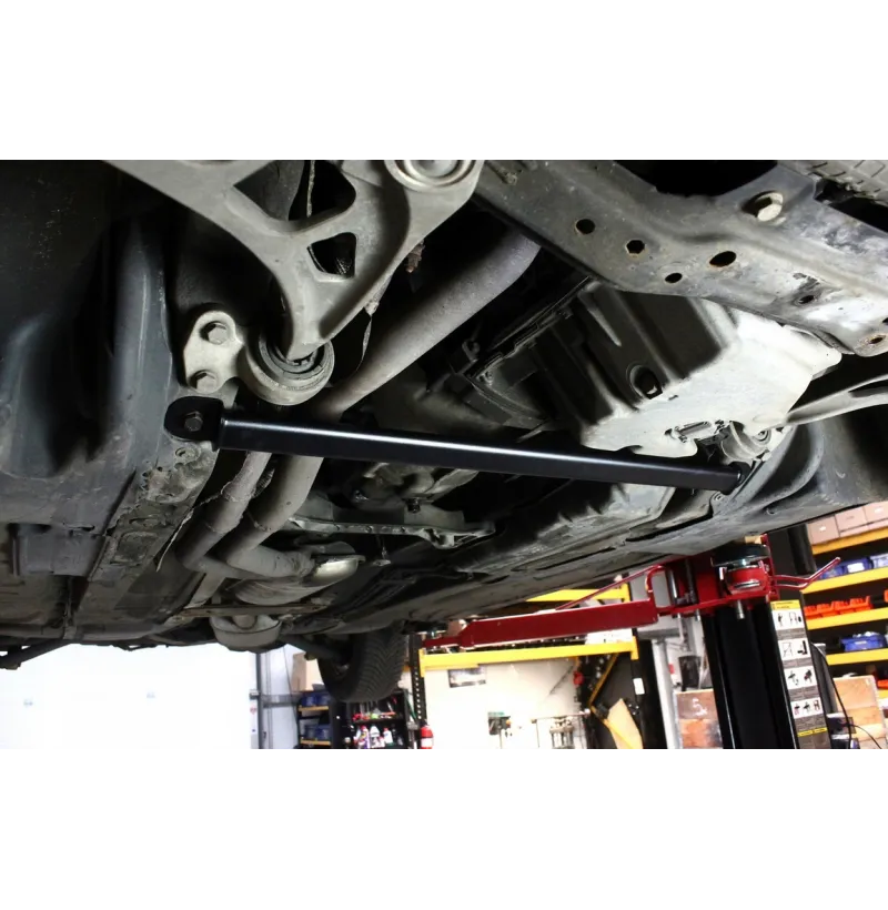 BMW E46 Lower Strut Brace 7 Side view of the fitted lower brace under the front of an E46