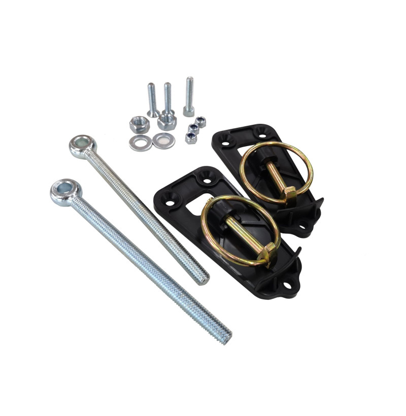 Motorsport Quick Release Body Fasteners, Set of 2, Race/Rally/Drift 4 Two black quick release fasteners with locking pin, eye bolts and mounting hardware