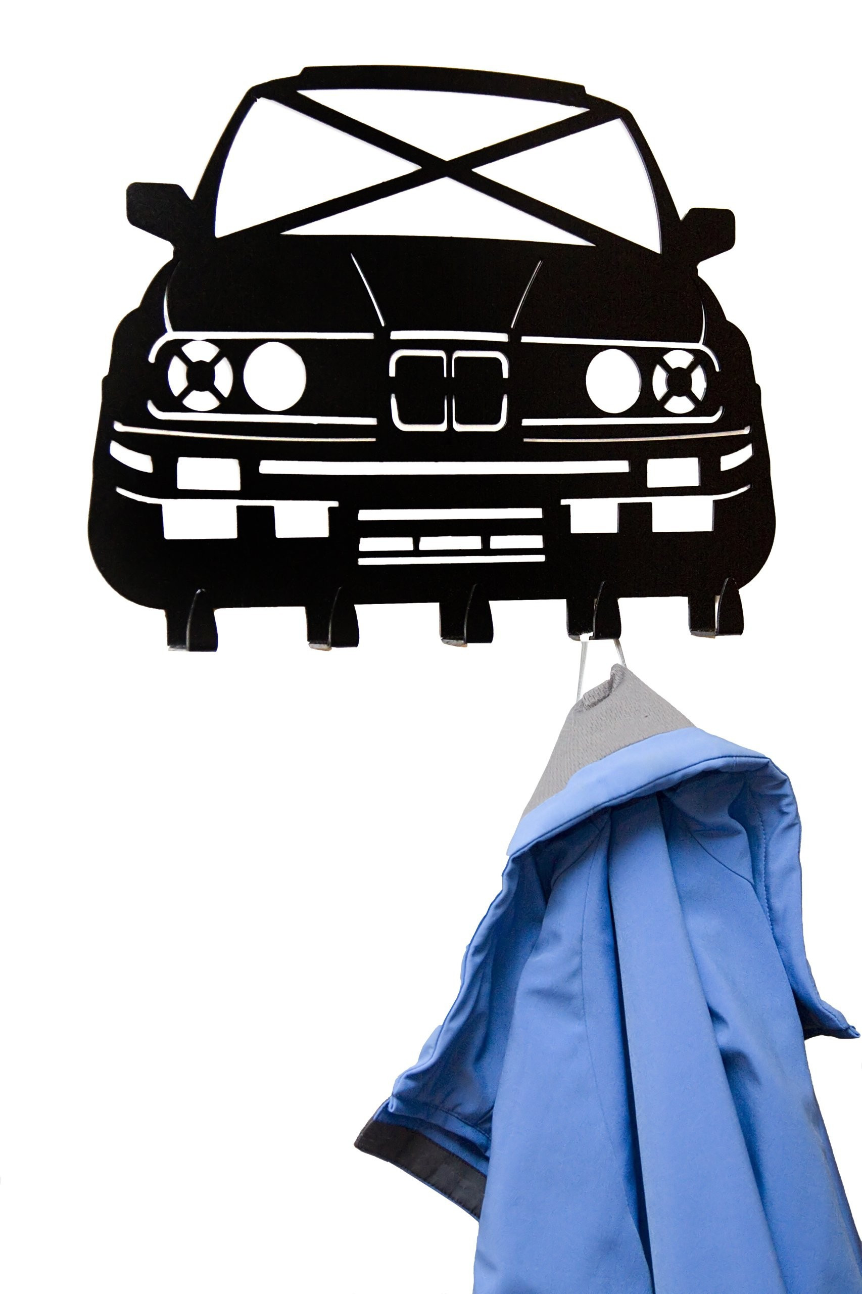 Coat Hanger BMW E30, Gift for Car Lovers 3 BMW E30 coat hanger with a jacket on the hooks