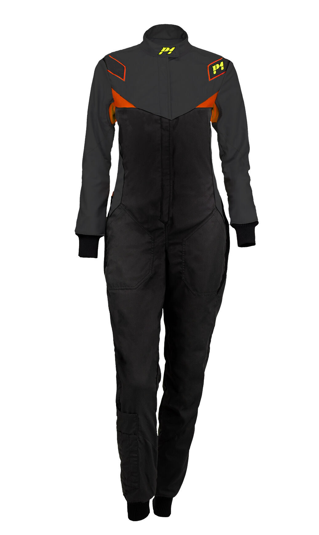P1 Diva FIA dames race overall 2 Damesracepak P1 Diva in zwart met antraciet en oranje