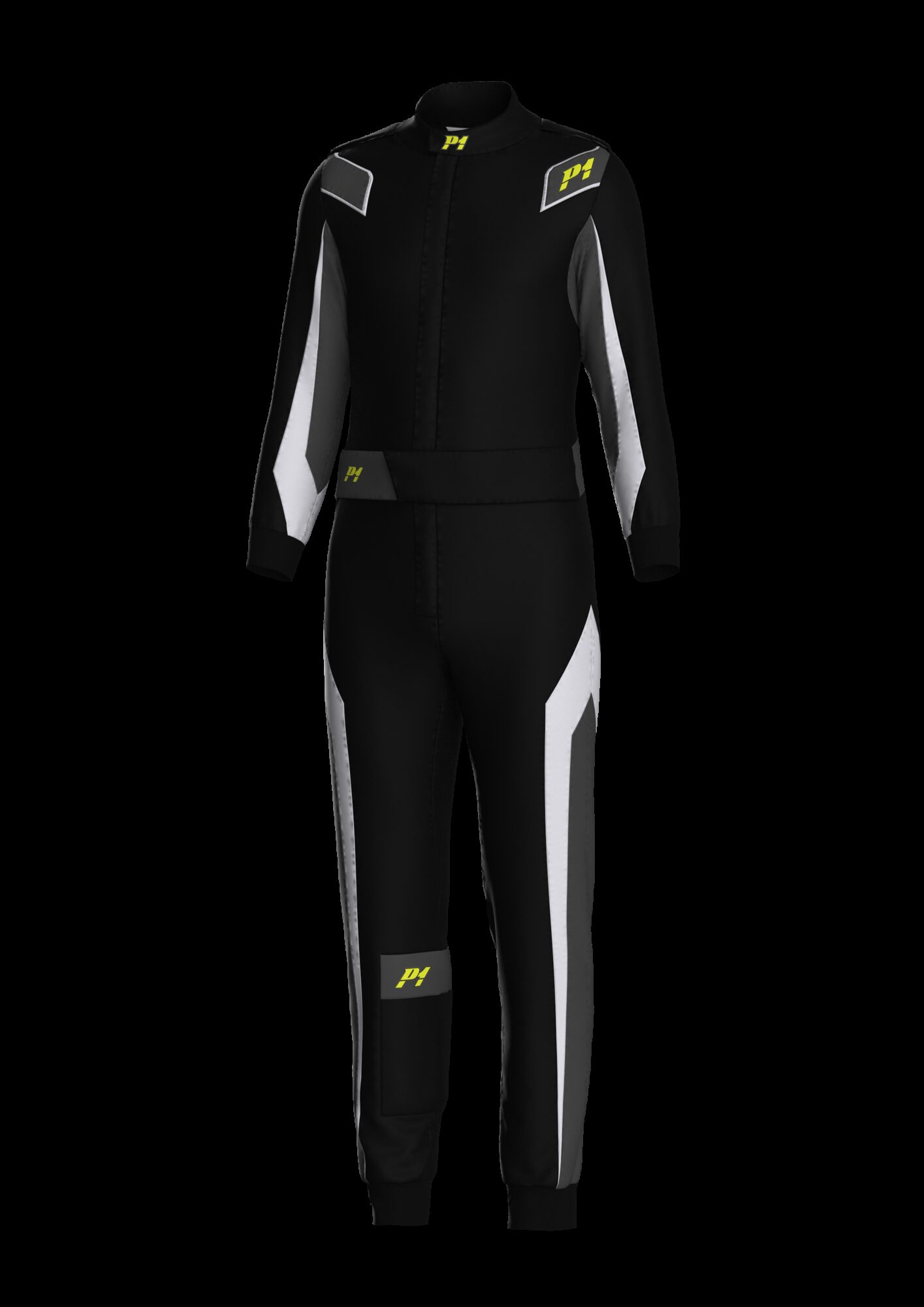 P1 Lite Best FIA racing suit 3 Zwarte uitvoering van het P1 Lite Best racepak, schuin van voren