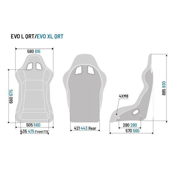 Siège gaming Evo XL QRT Sparco 2 Maattekening van de Sparco Evo, Evo L en Evo XL simracestoelen
