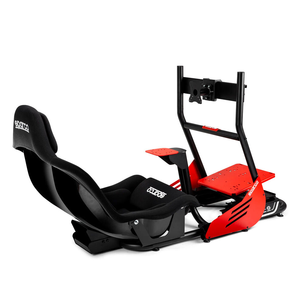 Cockpit simracing Sparco Evolve GP Pro 2 Zijaanzicht van de eenzitter simracecockpit met monitorsteun