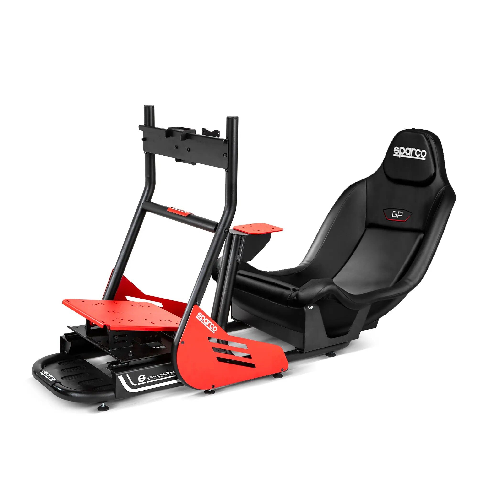 Cockpit simracing Sparco Evolve GP Pro 5 GP-stoel in zwart Sky kunstleer op de Evolve sim rig