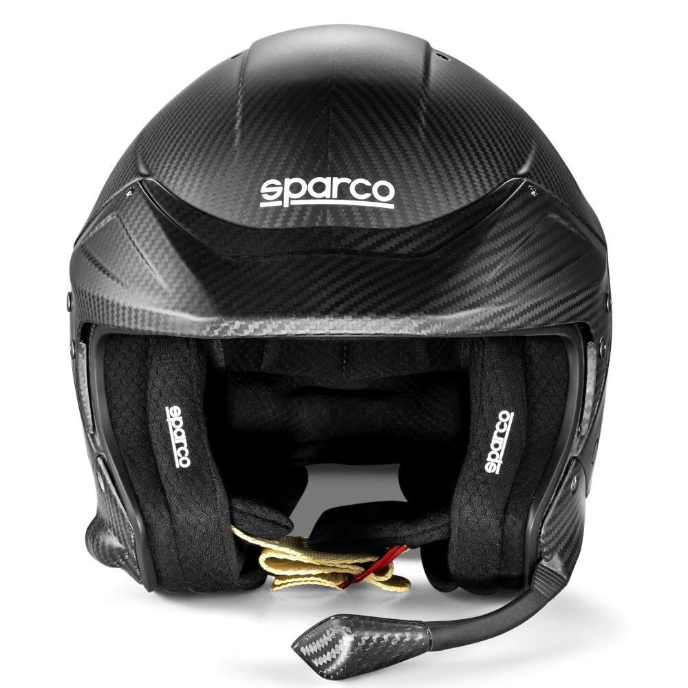 Sparco Flux RJ-i Carbon rallyhelm 3 Zijaanzicht van de koolstofvezel rallyhelm met Nexus-aansluiting