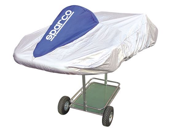 Sparco kart cover universeel 1 Sparco kart cover universeel over een kart met opbergtas