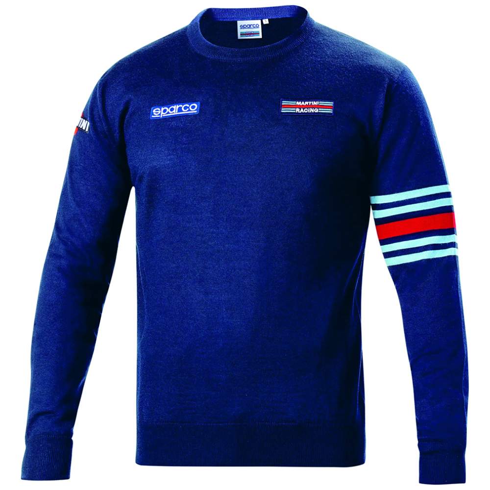Marineblauwe katoenen crewneck trui van Sparco met Martini-strepen op de mouwen