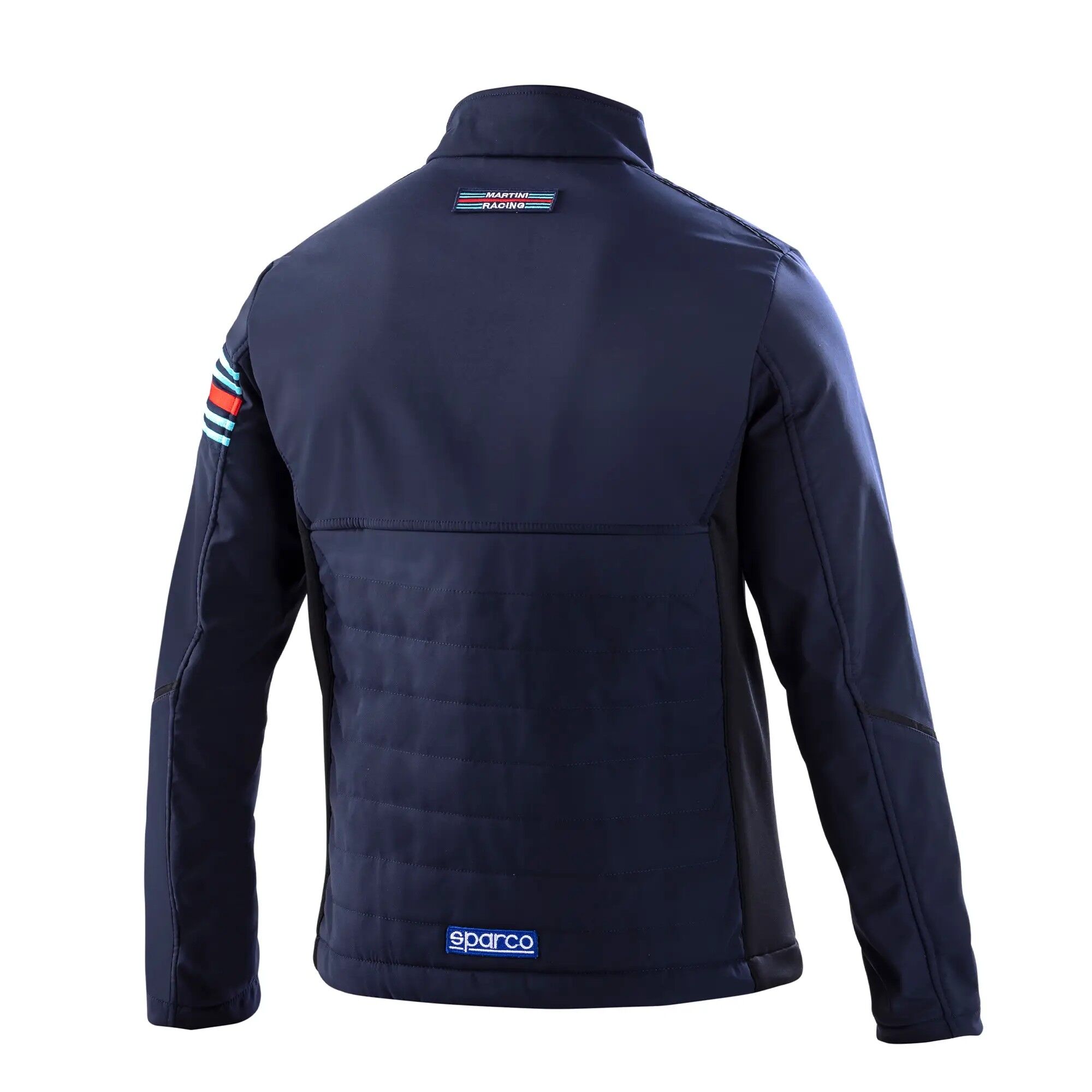 Sparco Martini Racing softshell jas 3 Achterzijde van de Martini Racing softshell met logo's