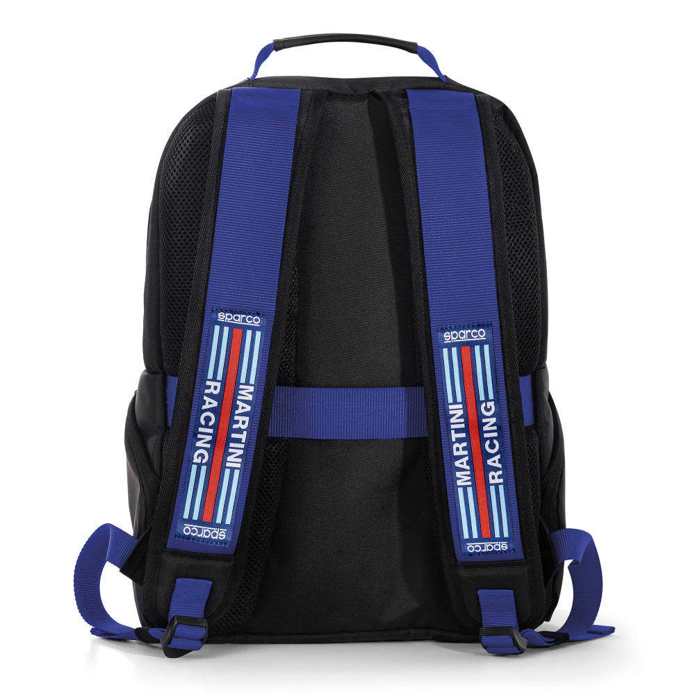 Sparco Martini Racing Stage backpack 2 Achterkant van de zwart/blauwe Sparco rugzak met gevoerd mesh rugpaneel