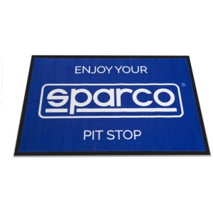 Sparco Pit Stop deurmat in blauw met tekst Enjoy Your Sparco Pit Stop