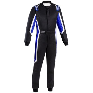 Sparco Sprint Pro race overall in zwart met blauw, vooraanzicht
