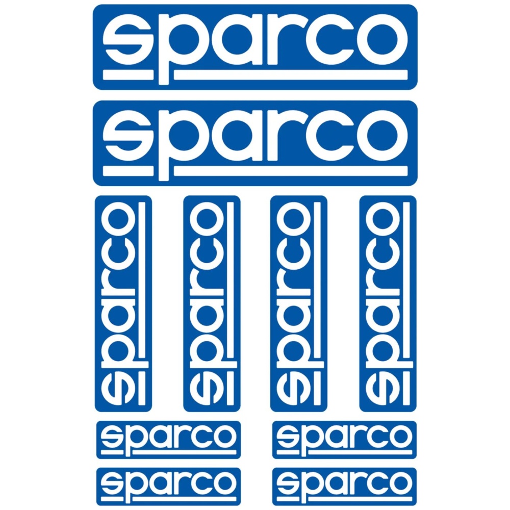 Sparco stickerset met tien blauwe logostickers in drie formaten