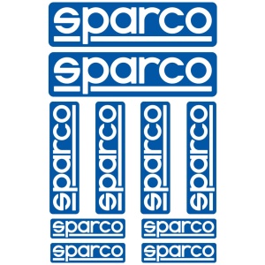 Sparco stickerset met tien blauwe logostickers in drie formaten