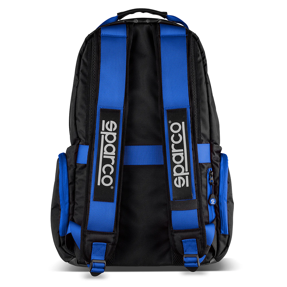 Sac à dos Sparco Super Stage 4 Achterkant van de zwart-blauwe rugzak met ergonomische rug