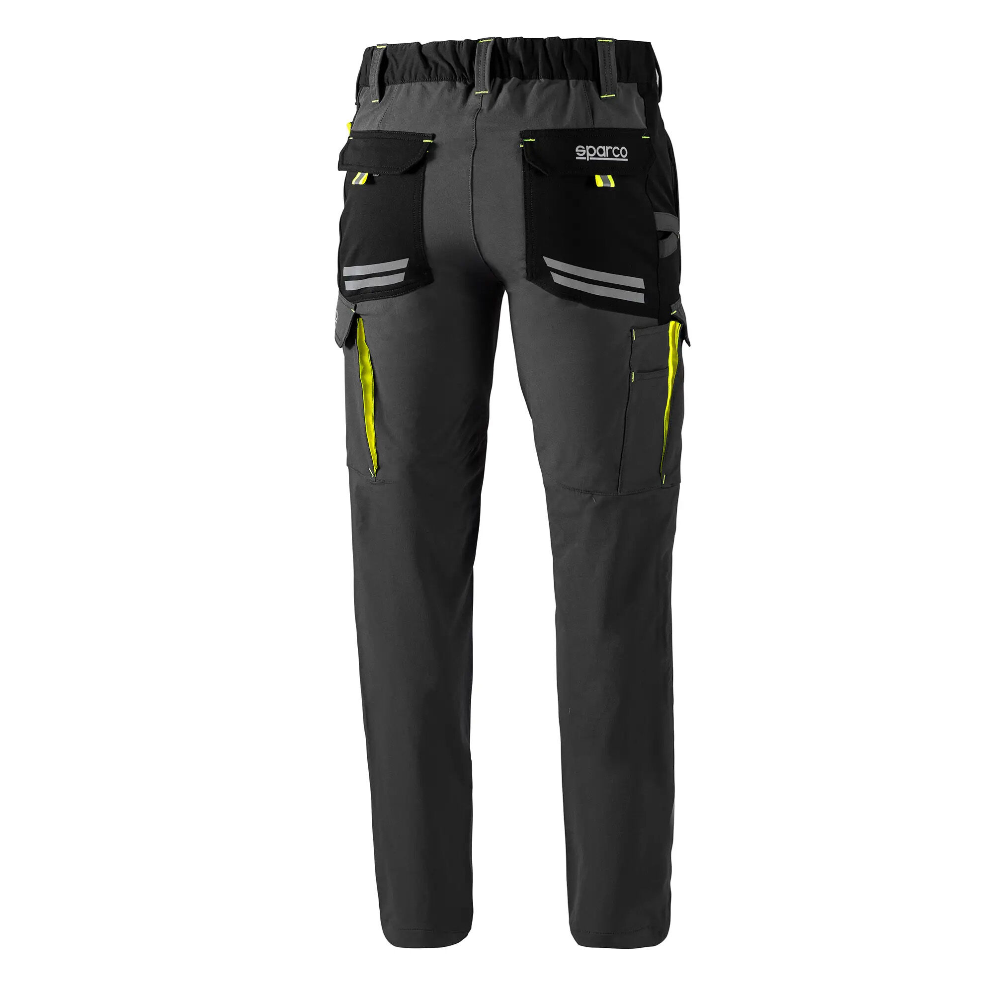 Sparco Tech werkbroek Oregon 3 Achterkant van de grijs met gele Sparco werkbroek met zakken